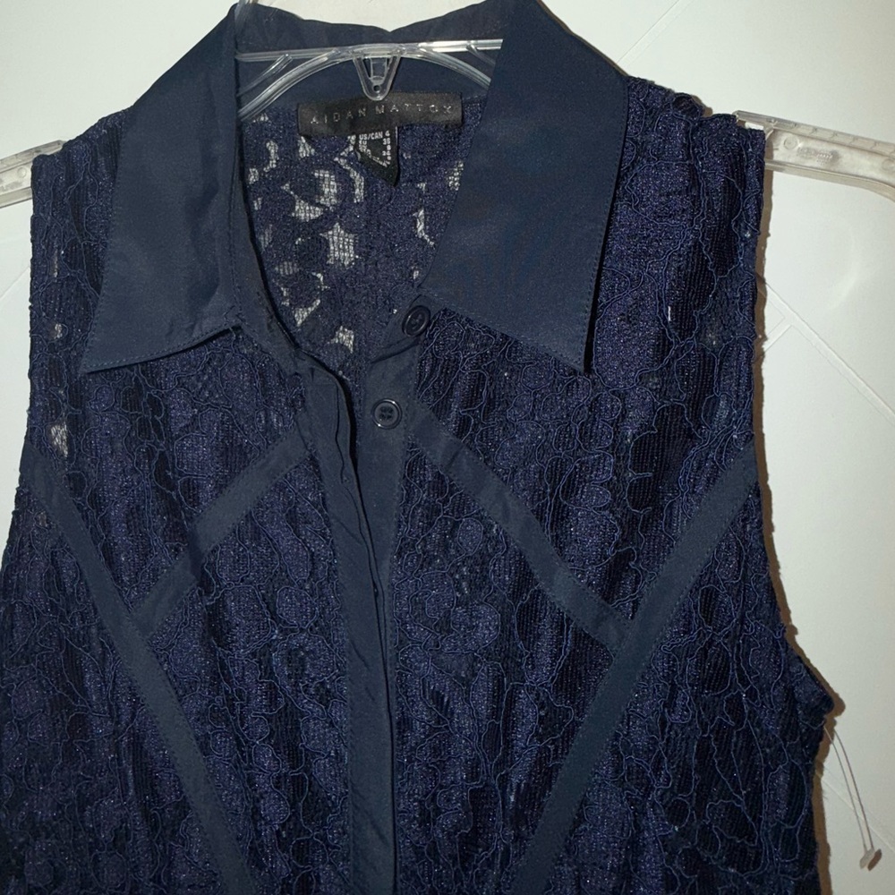 Aidan Mattox sz 4 twilight blue floor length lace gown dress buttons collar $700 - Picture 13 of 16